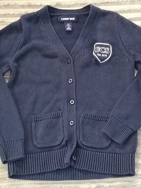 Lands' End Kids Distressed Blue V Neck Button-Front Cardigan Patch Unisex S 7/8